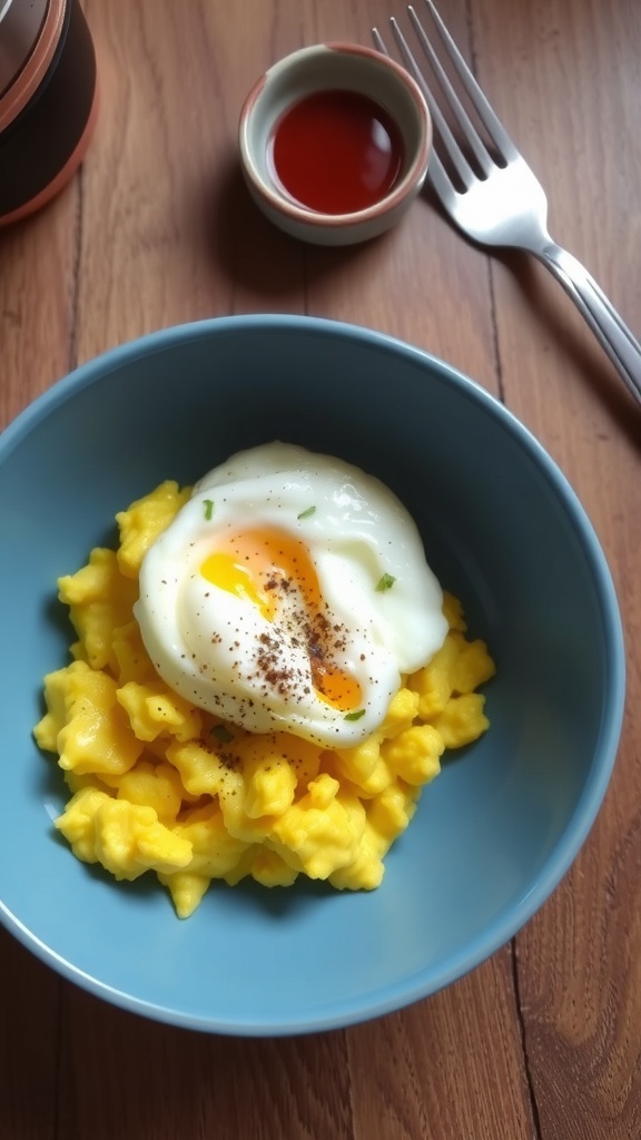 Fluffy scrambled egg in a blue bowl, garnished with herbs and pepper, on a wooden table with a fork and hot sauce.